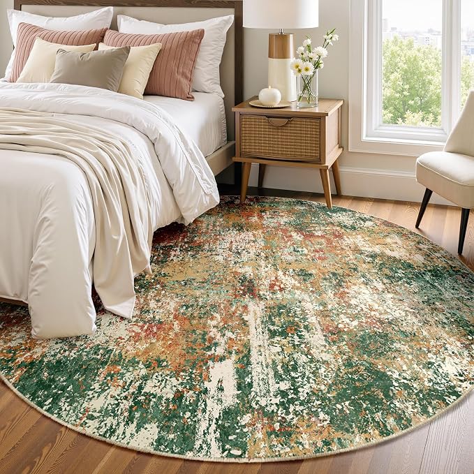 RELEANY Washable Round 6ft Area Rug for Living Room Green Multi | Carpet for Bedroom, Kitchen, Office, Hallway and Entryway, Printed Pattern, Non‑Slip, Soft, Stain‑Resistant, Easy to Clean