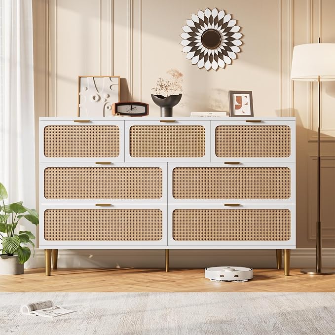 GarveeHome Rattan 7 Drawer Dressers for Bedroom, Deep Drawer, White | Tall Dresser, Wide Top, for Living Room, Hallway, Kids Room, Large Chest of Drawers for Closet, Long Wooden Dresser