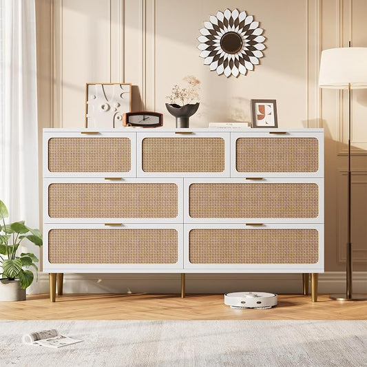 GarveeHome Rattan 7 Drawer Dressers for Bedroom, Deep Drawer, White | Tall Dresser, Wide Top, for Living Room, Hallway, Kids Room, Large Chest of Drawers for Closet, Long Wooden Dresser