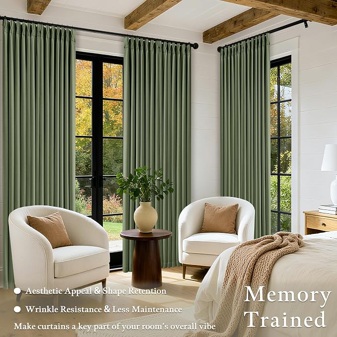 105 Inch Olive Green Linen Pinch Pleated Blackout Curtains with Liner | 100% Black Out, Pinch Pleat with Hooks Rings, Thick Linen Textured, Light Blocking, Bedroom Living Room Window Curtains