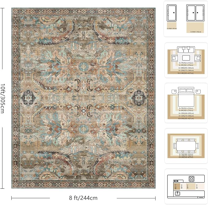 8x10 Area Rugs, Vintage Retro Soft Washable Rug, Non-Slip Low Pile Rugs for Living Room, Bedroom, Dining Room, Stain Resistant Home Decor Rug (Vintage Olive Green)