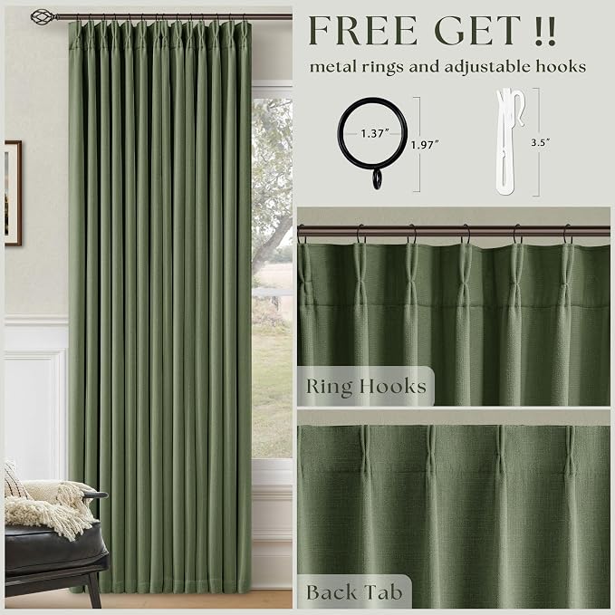 96 Inch Olive Green Linen Pinch Pleated Blackout Curtains with Liner | 100% Black Out, Pinch Pleat with Hooks Rings, Thick Linen Textured, Room Darkening, Bedroom Living Room Window Curtains