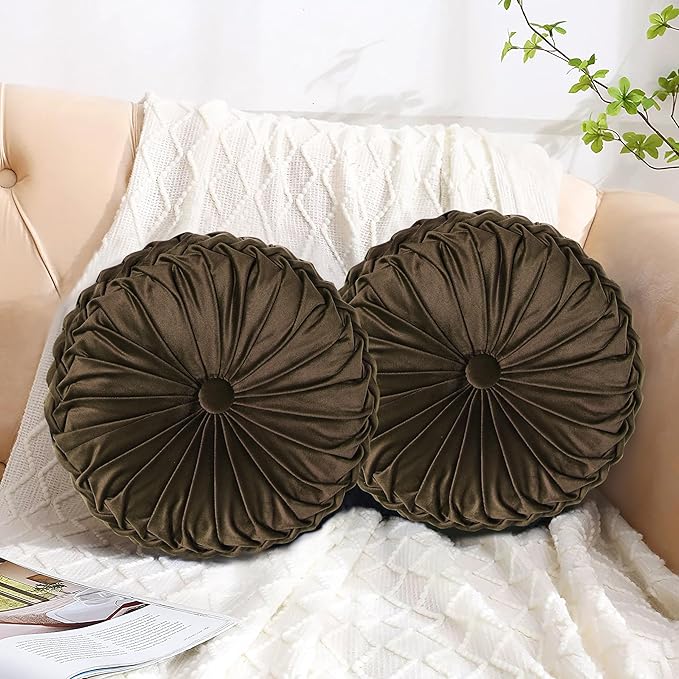 HIG Set of 2 Chocolate Velvet Decorative Round Pleated Throw Pillows | Vintage Floor Pillows, Classy Accent Pumpkin with Center Button, for Sofa Couch Vanity Chair Bed, 14.5" Diameter