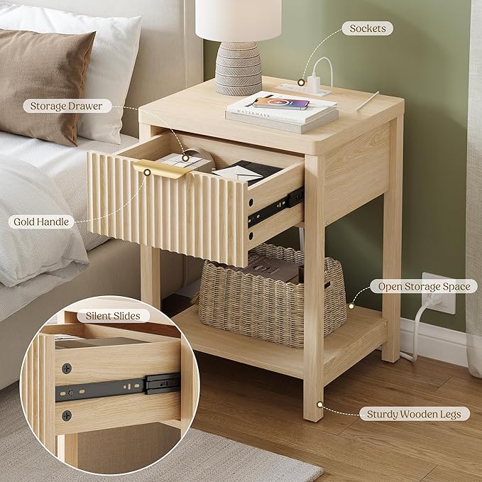 Night Stand Set 1, Fluted Wood Bedside Table w/Socket Station for Bedroom | Natural, Storage Drawer, Open Shelf, Metal Silent Rails, Round Corners, Modern Fluted Panel, Living Room, Bedside Table