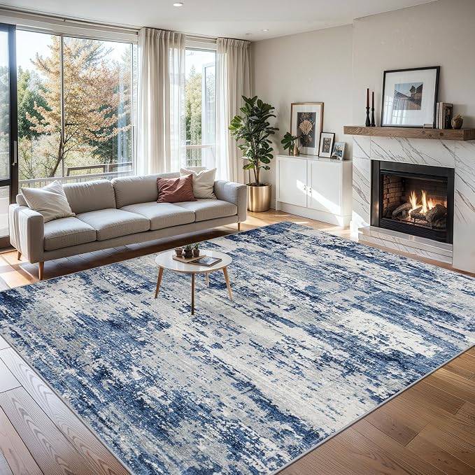 PLHXFR 8x10 Area Rug Living Room: Abstract Washable Carpet Blue Gray | For Bedroom Dining Room Farmhouse Nursery Home,Machine washable,Non Slip,Large Soft Neutral,Stain Resistant, Indoor Floor