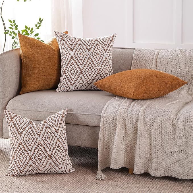 HPUK Throw Pillow Covers 18x18, Set of 4, Golden Brown Couch Pillow Covers | Polyester fabric, patterned and solid designs, hidden zippers, machine washable, for sofas and beds, inserts not included