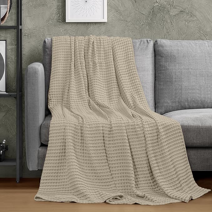 Utopia Bedding 100% Cotton Waffle Blanket Queen Size Khaki, 90x90 Inch | Lightweight Breathable Cozy Summer Bed Blanket Home Decor Gift for Women and Men