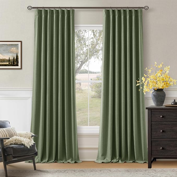 96 Inch Olive Green Linen Pinch Pleated Blackout Curtains with Liner | 100% Black Out, Pinch Pleat with Hooks Rings, Thick Linen Textured, Room Darkening, Bedroom Living Room Window Curtains