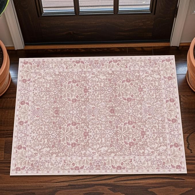 Washable 2x3 Entry Rug, Front Door Rugs Indoor, Vintage Floral Area Rugs for Kitchen, Non-Slip Bathroom Small Rugs, Perfect for Entryway Decor Door Mat (2x3 Pink)