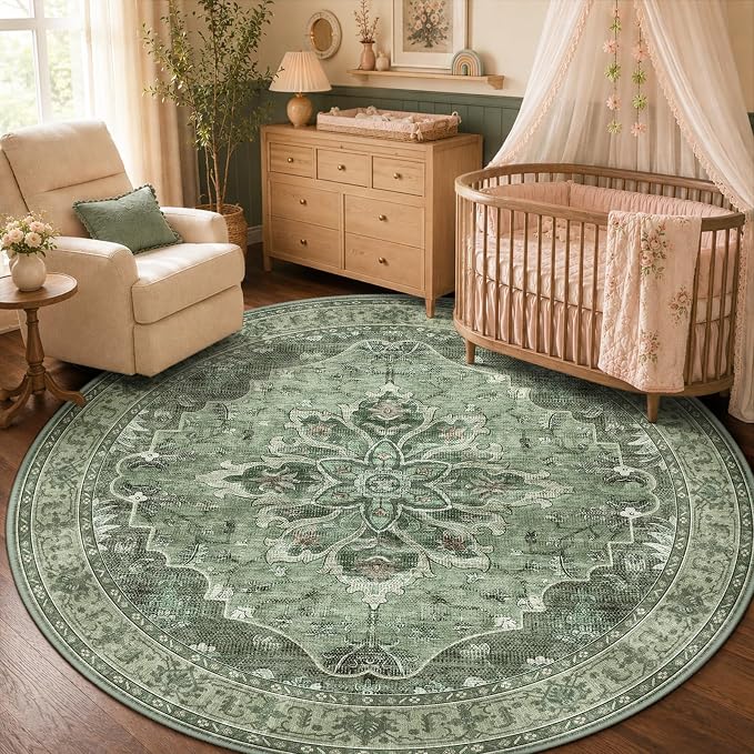 RELEANY Washable Area Rug, Round 5ft, Green/Dark Green/Gray | Non-Slip, Water Repellent, Pet Friendly, Easy to Clean, Vintage Floral Boho Decor for Living Room Bedroom Dining Room