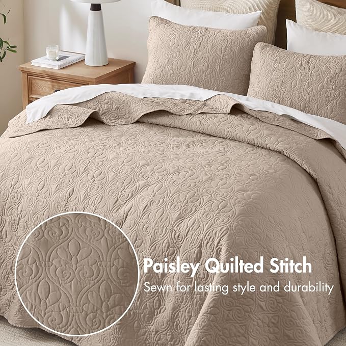 Madison Park Queen Quilt Bedding Set, Cottage-Inspired Damask, 3PC | All Season Quilted Coverlet, Classic Stitch Pattern Bedspread & Shams, Ultra Soft Microfiber Bedspread Set, Khaki