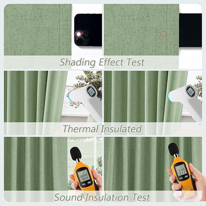 Blackout Curtains 80 Inch Length 2 Panels Set for Living Room Bedroom Back Tab Thermal Insulated 100% Black Out Linen Drapes Room Darkening Window Curtains 80 Inches Long,Light Sage