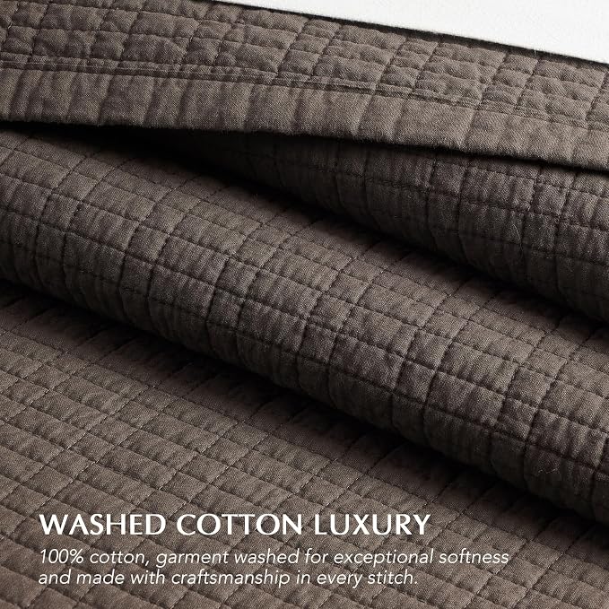 EverGrace 100% Cotton Modern Grid Stitch Quilt Set, Queen Size, Dark Brown | Pre-Washed Cotton Coverlet Bedspread, Oversized Lightweight 3-Piece Bedding Set for All Season, with 2 Pillow Shams