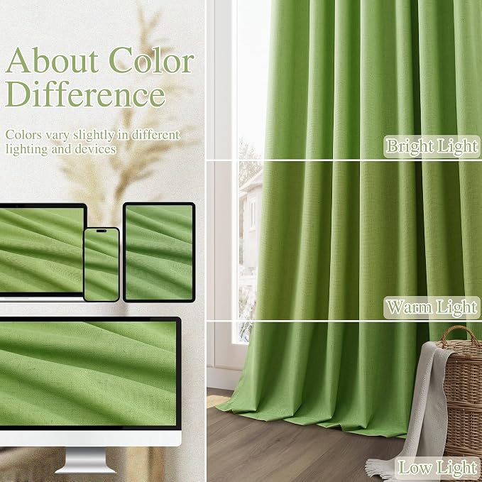 100% Blackout Curtains 84 Inch Length 2 Panels Set for Living Room Bedroom Back Tab Thermal Insulated Black Out Linen Drapes Room Darkening Lime Green,52x84