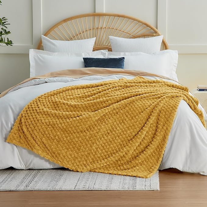 EXQ Home Gentle Soft Fleece Throw Blanket – Cozy Lightweight 3D Imitation Turtle Shell Jacquard Blanket for Couch Bed – All-Season Warm Fuzzy Flannel Blanket for Women Mom Gift(50"x60",Mustard Yellow)