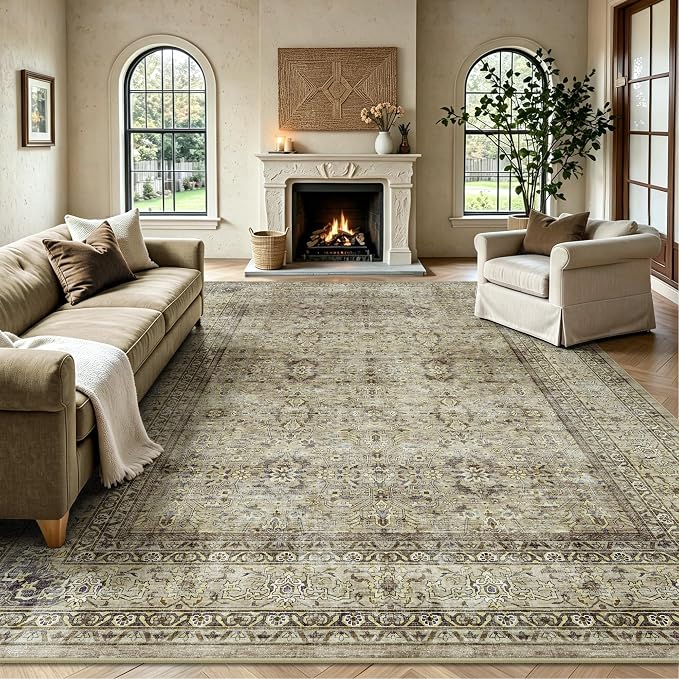 8x10 Area Rugs for Living Room - Washable Vintage Retro Large Rug, Soft Ultra Thin Non Slip Low Pile Traditional Distressed Boho Carpet for Bedroom Dining Room Home Office, Beige Brown
