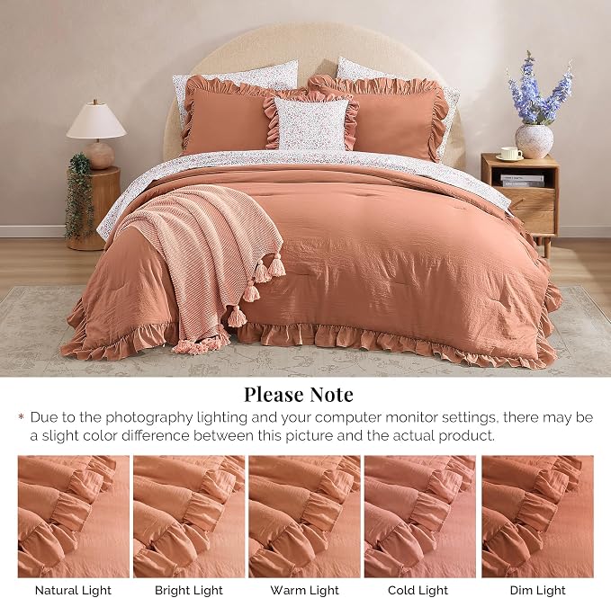 Queen Comforter Set-7 Pieces Ruffle Bedding with Floral Sheet | Autumn Leaf Bed in a Bag, Soft Lightweight All Season Farmhouse Queen Bedding Sets with Floral Sheets, Pillowcases & Shams