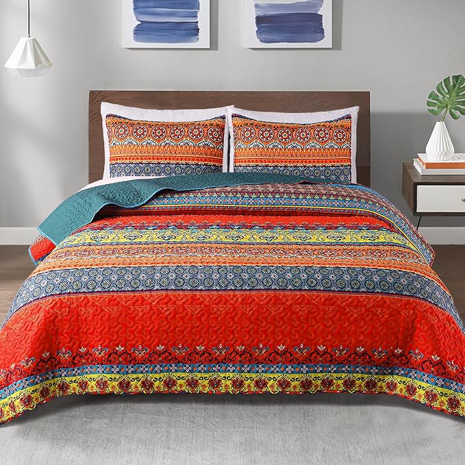 Exclusivo Mezcla Reversible Boho Quilts Full Size Blue | Lightweight Soft Bedspreads, All Season Bohemian Coverlet Bedding Set, Printed Floral Pattern, 1 Quilt and 2 Pillow Shams