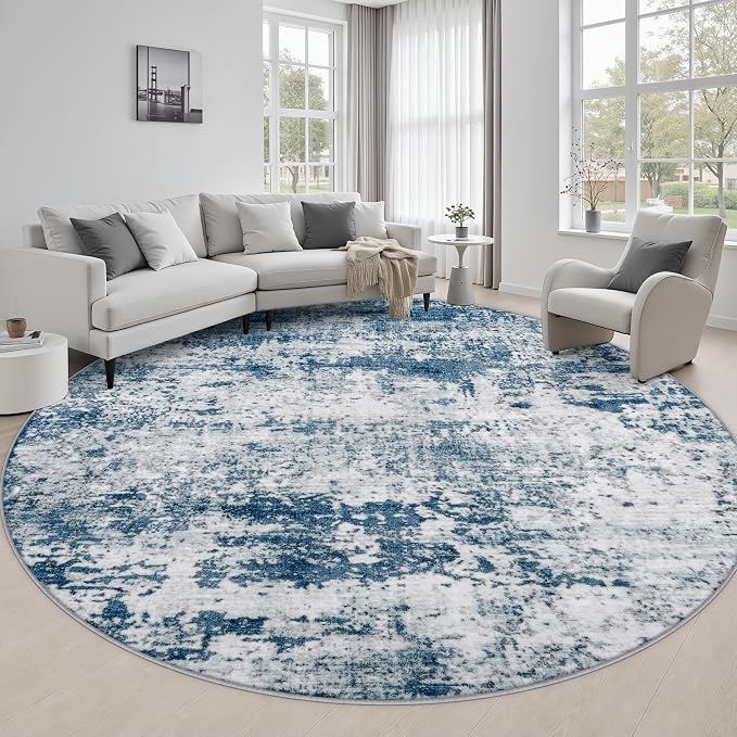Round Area Rug Living Room: 8 ft Modern Washable Carpet Blue | For Bedroom Dining Room Farmhouse Nursery Hallway Office,Modern Abstract,Machine washable,Non-Slip,Stain Resistant,Indoor