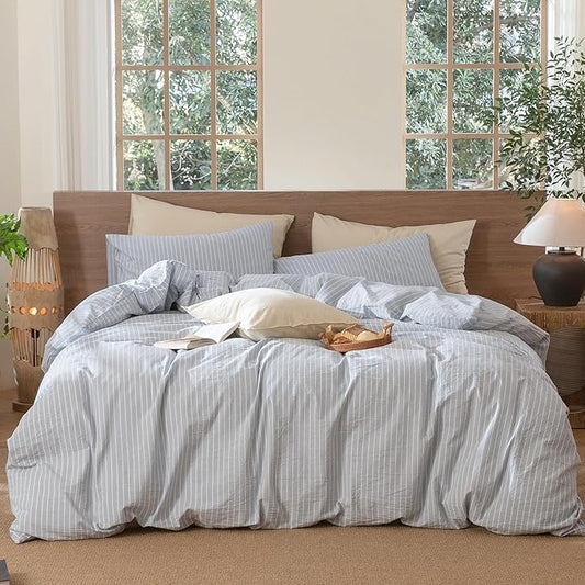 MooMee Striped Duvet Cover Set 100% Washed Cotton Linen Like Super King | Relaxed Linen-like Texture. Soft, Breathable & Long-lasting Comfort. Lightweight. Hidden Zipper with 8 Interior Corner Ties