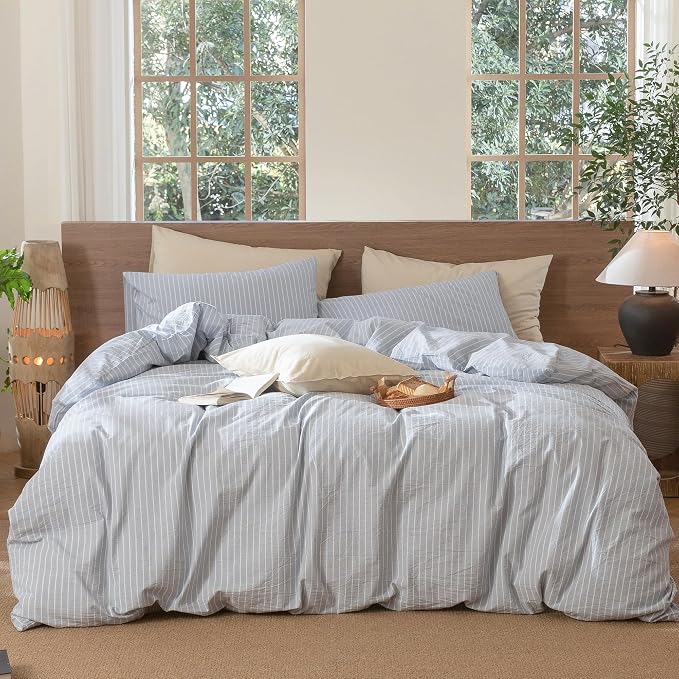 MooMee Striped Duvet Cover Set 100% Washed Cotton Linen Like | Relaxed Linen-like Texture. Soft, Breathable & Long-lasting Comfort. Lightweight. Hidden Zipper with 8 Interior Corner Ties
