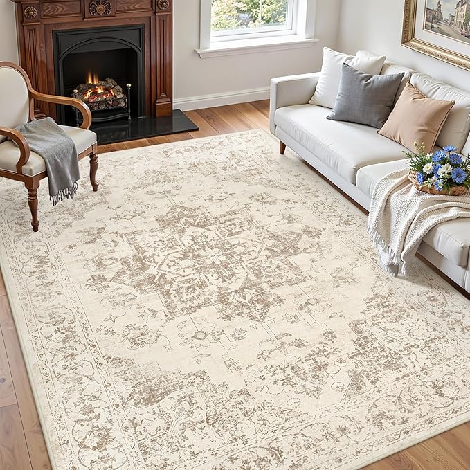 6x9 Area Rugs Living Room: Bedroom Washable Carpet Beige/Ivory | Vintage Boho Soft Small Indoor Decor Floor Non-Slip Low Pile Neutral Farmhouse Entryway Laundry Bathroom Bedroom Beside Rugs