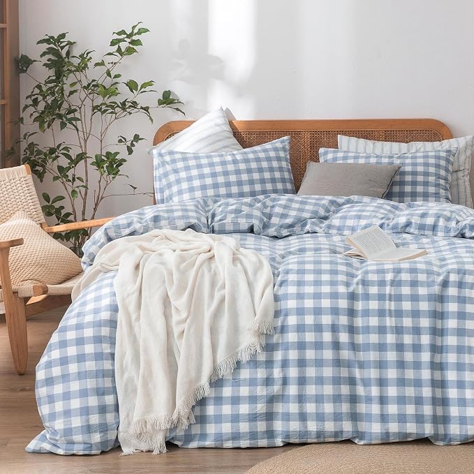 BESTOUCH Gingham Cotton Duvet Cover Set Cornflower Blue Twin | Washed Cotton, Linen Feel, Soft Wrinkle Texture, Hidden Zipper, 8 Ties, Breathable Lightweight Durable Comfy, 2 Pcs No Insert