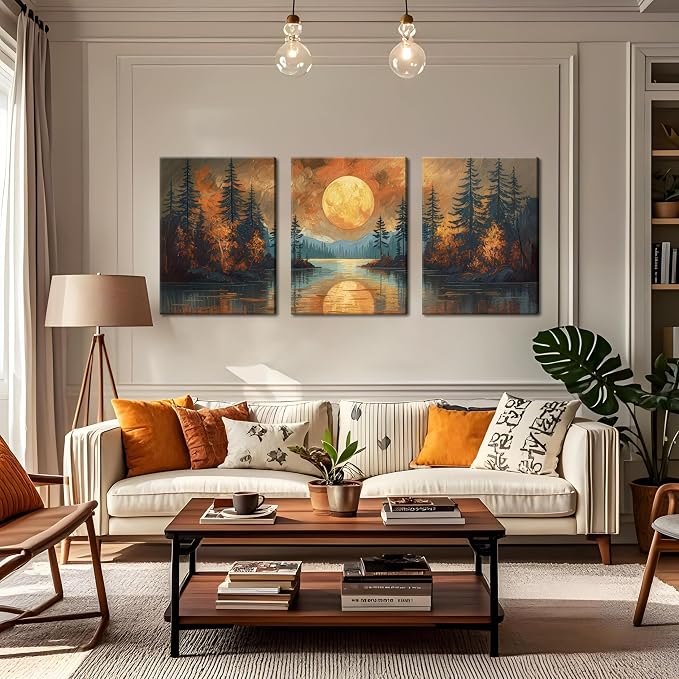Framed Gold Mountain Forest Sunset Landscape Wall Art Set of 3, Abstract Boho Lakeside Forest Sunset Wall Decor, Vintage Nature Landscape Canvas Prints Poster for Living Room Bedroom Office 12x16 Inch