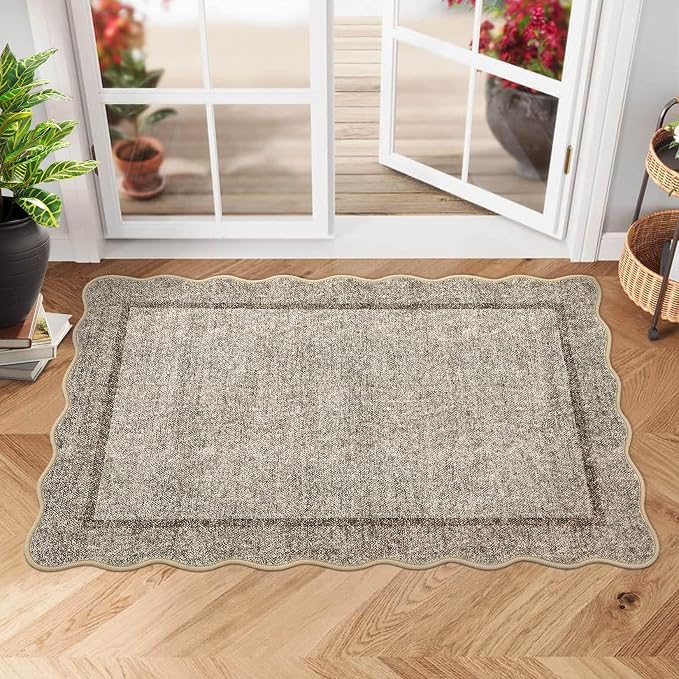 GarveeHome Small Area Rug 2x3 Scalloped Entry Rug Washable, Brown | Modern Kitchen Rugs Solid Bedroom Doormat Non Slip Stain Resistant Bordered Throw Carpet for Living Room Nursery Laundry