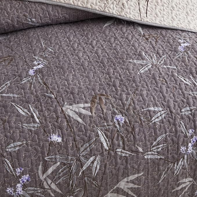 Flysheep Quilt Set 3 Pieces Full/Queen Size, Black Leaves Botanical Design Reversible Bedspread Coverlet Set, Soft Microfiber Lightweight Bed Cover for All Season (90" x 90", 1 Quilt+ 2 Pillow Shams)