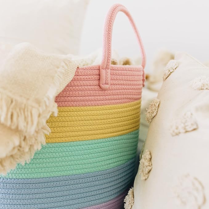 OrganiHaus Rainbow Toy Basket & Blanket Storage Bin, Nursery 20x13" | Rainbow Pastel - Round Rainbow Cotton Rope Basket, Nursery 20x13"
