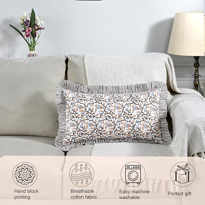 Ridhi Block Print Brown Meadow Vine Ruffle Lumbar Pillow Shams, 20" x 12" | 100% cotton, Floral Pillowcase, Cushion Cover, Hidden Zipper, Cottagecore Bedding, farmhouse boho style, fits couch, sofa,Bed