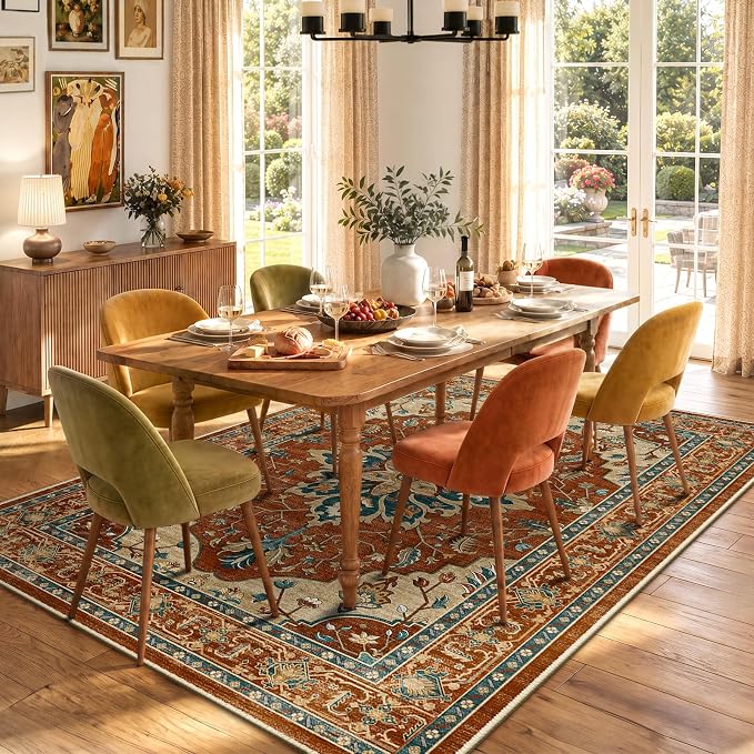 RELEANY Washable Area Rug, 6'x9', Red/Orange/Blue/Brown | Non-Slip, Water Repellent, Pet Friendly, Easy to Clean, Vintage Floral Boho Decor for Living Room Bedroom Dining Room Office