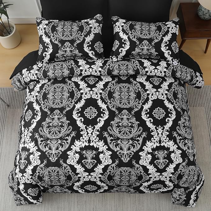 WONGS BEDDING 7 Pieces Comforter Set King Size, Black White Texture Bedding Set for All Season, Damask Soft and Breathable Bed in a Bag with Comforter, Flat Sheet, Fitted Sheet, Pillowcases & Shams