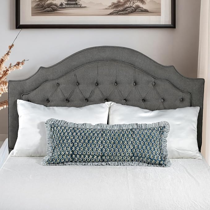 Ridhi Block Print Peacock Blue Ruffle Lumbar Pillow Shams, 14" x 36" Set-1 | 100% cotton, Floral Pillowcase, Cushion Cover, Hidden Zipper, Cottagecore Bedding, farmhouse boho style, fits couch, sofa,Bed