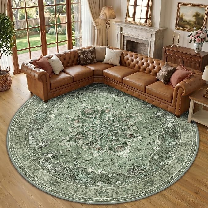 RELEANY Washable Area Rug, Round 10ft, Green/Dark Green/Gray | Non-Slip, Water Repellent, Pet Friendly, Easy to Clean, Vintage Floral Boho Decor for Living Room Bedroom Dining Room