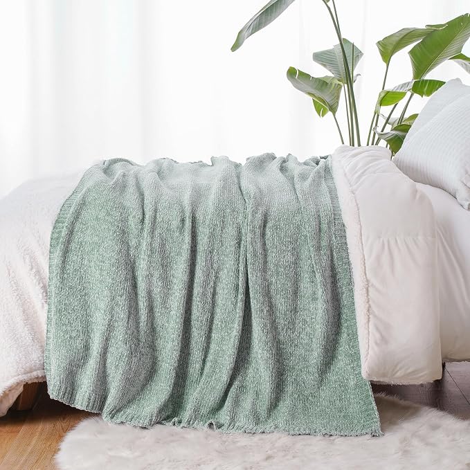 BATTILO HOME Sage Green Throw Blanket for Home Decor, Chenille Knit Throw Blanket for Couch, Sofa, Chair, Cozy Soft Blanket, 51"x67" | Shiny Chenille Blanket, Sage Knitted Blanket, Cozy Soft Spring Summer Blanket Throw, Warm & Midweight