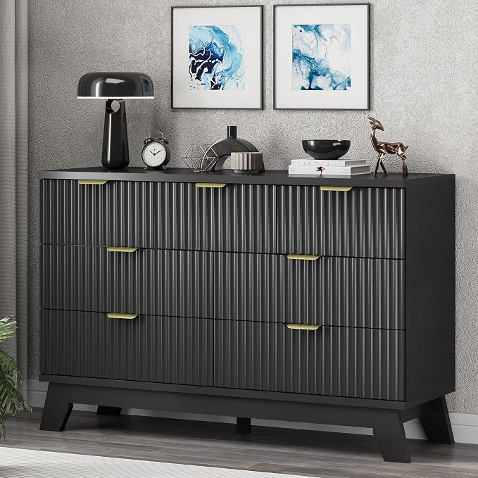 Xixini Fluted Dresser for Bedroom with 7 Drawers, 48" Wide Chest of Drawers with Metal Handle, Modern Wood Dresser TV Stand, Wooden Closet Clothes Storage Organizer for Living Room, Hallway, Black
