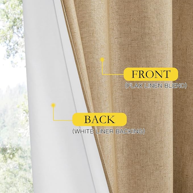 NICETOWN 100% Absolutely Blackout Linen Curtains with Thermal Insulated White Liner, Camel, 34" Wide by 60" Long, 2 Pieces, Linen Blend Window Drapes Privacy Window Treatments for Bedroom/Kids Room