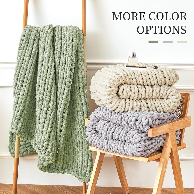 Chunky Knit Blanket Throw for Couch, 60"x80" Chunky Yarn Knitted Blankets | 100% Hand Knit Thick Chenille, Soft Breathable for Bed, Sofa, Home Decor, Cozy Gifts for Women Friends, Sage Green