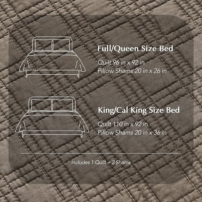 EVERGRACEHOME Cotton Sateen Windowpane Quilt Set Queen Size, Mocha Brown | 100% Cotton, Pre-Washed Soft Coverlet Bedspread, 3-Piece Lightweight Bedding Set for All Season, with 2 Pillow Shams