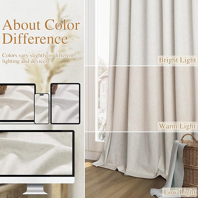 100% Blackout Boho 96 Inches Long Natural Linen Curtains Floor to Ceiling Drapes for Living Room Winter Thermal Insulated Room Darkening Black Out Sliding Barn Door Curtain, 52x96