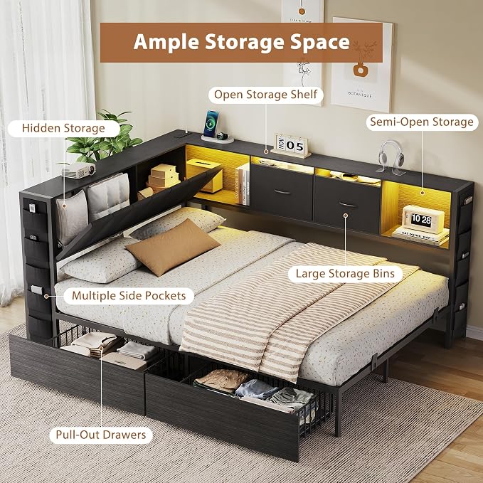 MapleGrace Full Corner Bed Frame with Upholstered Storage Headboard and Drawers, Metal Platform Bed Frame with LED Light and Charging Station, Full Daybed for Living Room, Bedroom & Guest Room, Black
