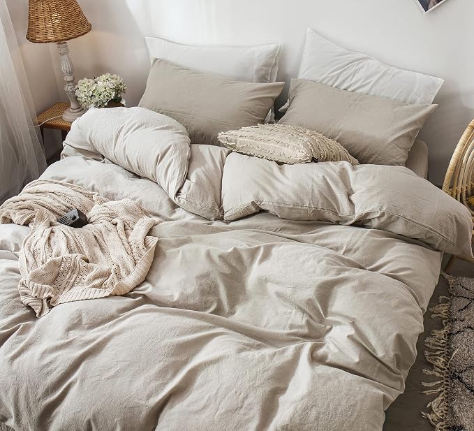 MooMee Duvet Cover Set 100% Washed Cotton Linen Like Oversized King | Relaxed Linen-like Texture. Soft, Breathable & Long-lasting Comfort. Lightweight. Hidden Zipper with 8 Interior Corner Ties