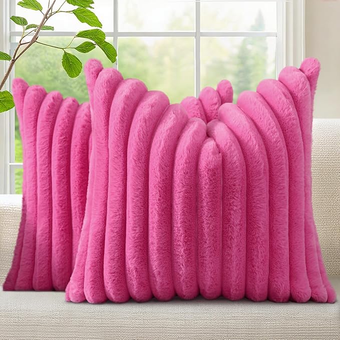 decorUhome Fall Faux Fur Throw Pillow Covers 24x24 Set of 2 Hot Pink | Decorative Soft Cozy Striped Plush Modern Farmhouse Boho Couch Pillow Cases Velvet Back for Sofa Bed Living Room Home Decor