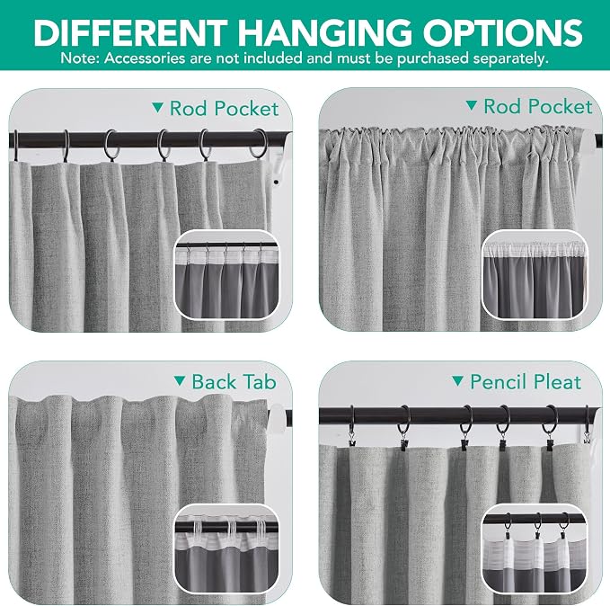 Deconovo 100% Blackout Curtains for Bedroom, Linen Textured Thermal Insulated Drapes with 20 Clip Rings, Noise Reducing Curtains for Nursery, Set of 2, Grey, 52" W x 96" L, 2 Panels