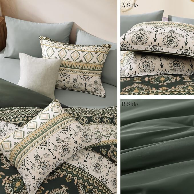 Queen Comforter Set - 7 Pieces Boho Bedding Set Aztec Bed in A Bag | Southwestern Bedding, All Season Tribal Bed Set with Comforter, Sheets, Pillowcases & Shams, Dark Green