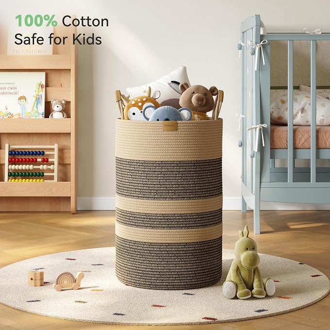 Nunsino 75L Striped Laundry Hamper with Leather Handles,Large Foldable Laundry Basket for Clothes,Cotton Rope Storage Bin for Blankets,Woven Clothes Basket for Bedroom,Dark Brown Stripes