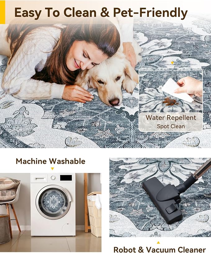 RELEANY Washable Area Rug, Round 10ft, Grey/White/Beige | Non-Slip, Water Repellent, Pet Friendly, Easy to Clean, Vintage Floral Boho Decor for Living Room Bedroom Dining Room