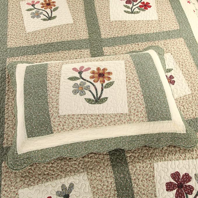 vctops Farmhouse Green 2 Piece Embroidered Floral Quilted Bedspread Quilt Set 100% Cotton Reversible Patchwork Coverlet Set 1 Quilt and 1 Pillow Sham (Green,Twin)